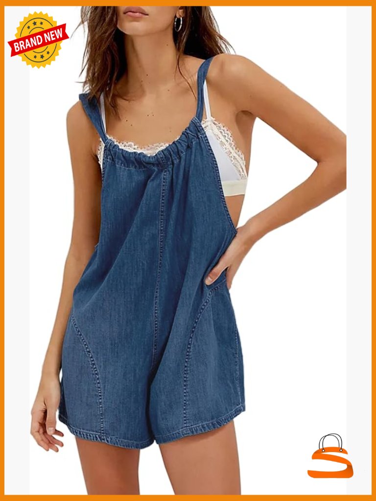 Denim Overall Shorts Adjustable Strap Tie Back Romper Pockets